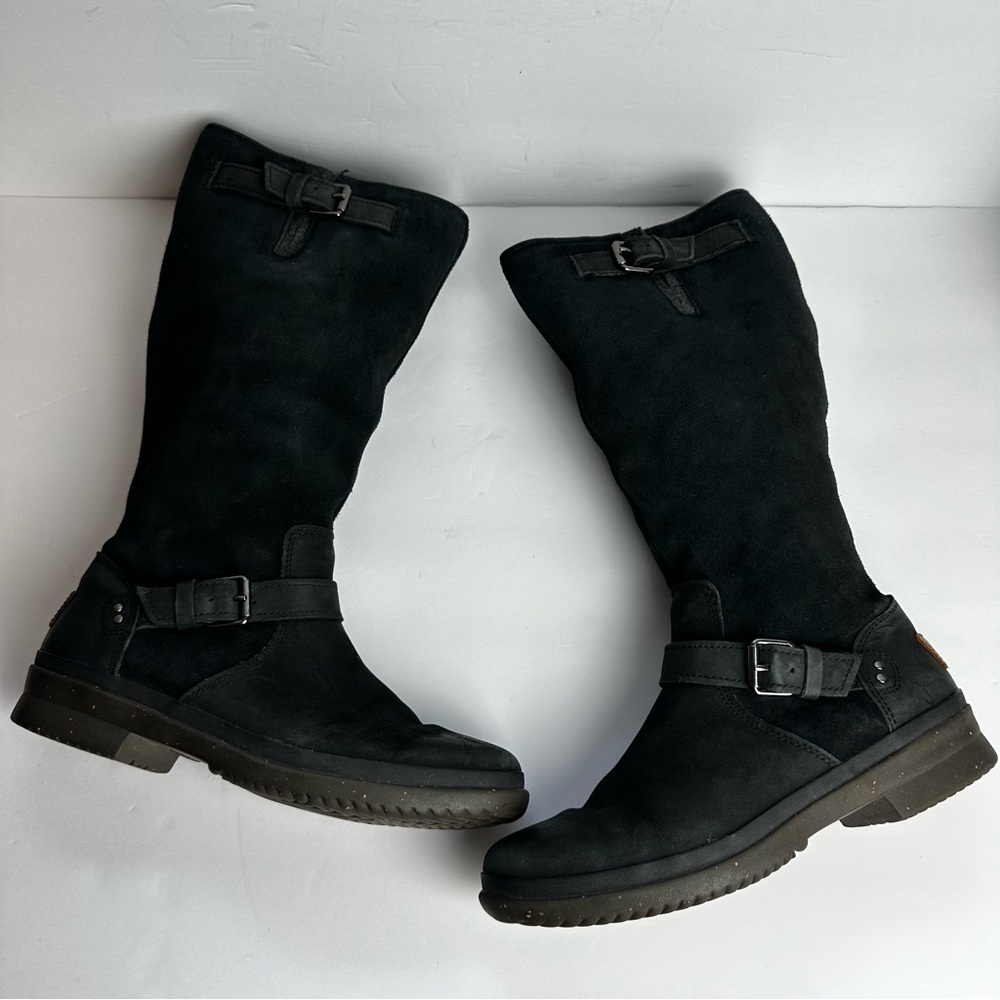 Ugg Thomsen Black Suede Riding Boots Women's Size 7.5 EU 38.5 Wool Knee High